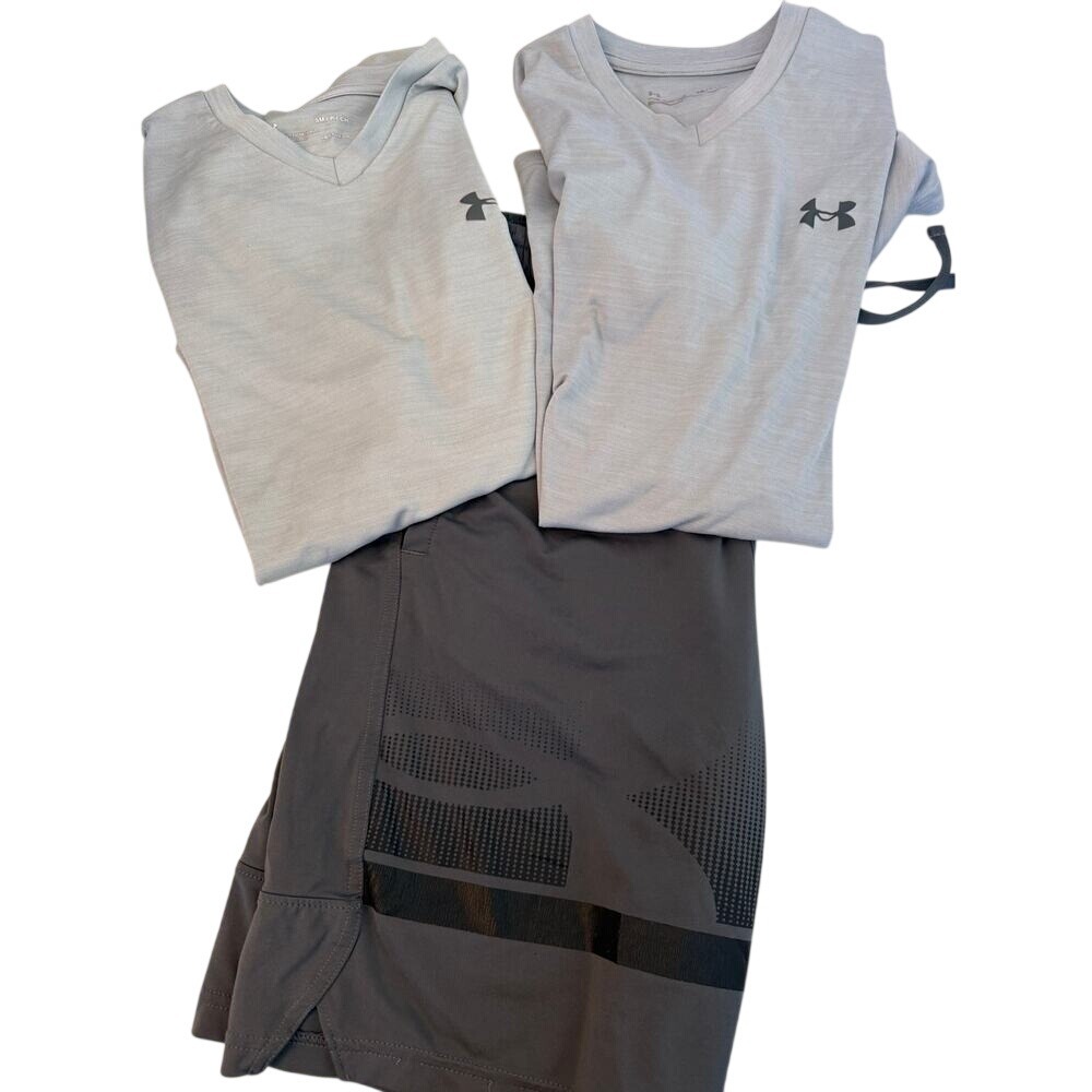 Lot of 3 Under Armour Mens HeatGear Athletic Set V-Neck Shirts Shorts Small Gray